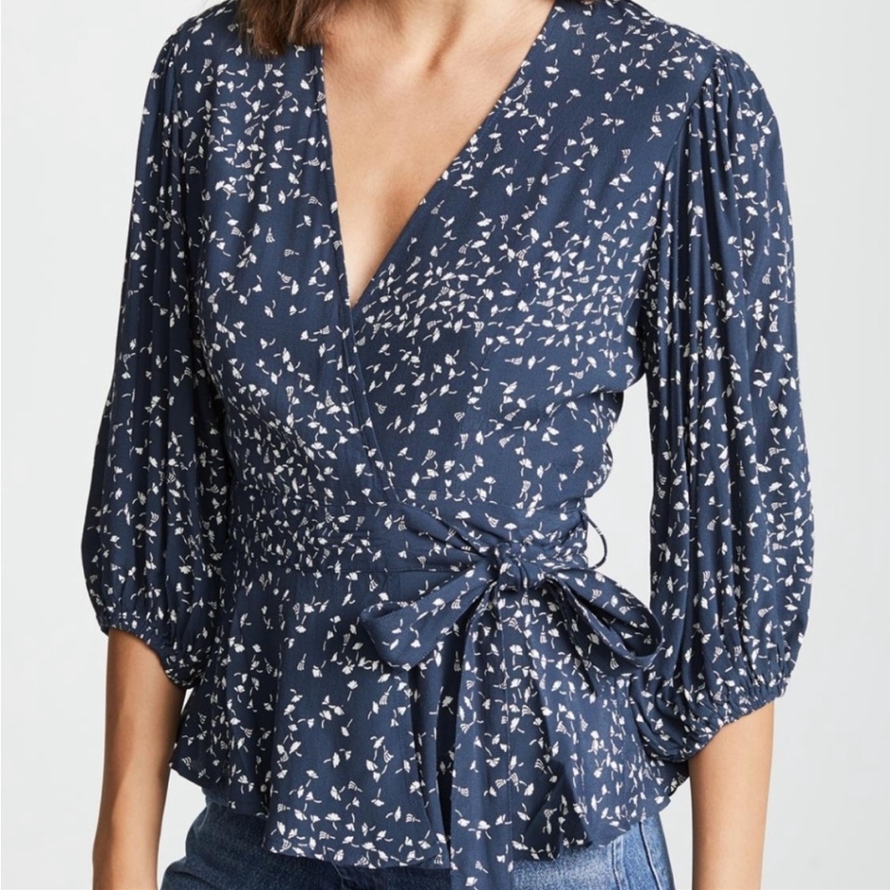 Ganni Navy Wrap Top with White Pattern